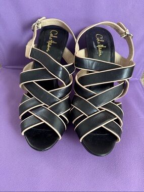 Cole Haan Black Leather Strappy Sandals with Nude Piping